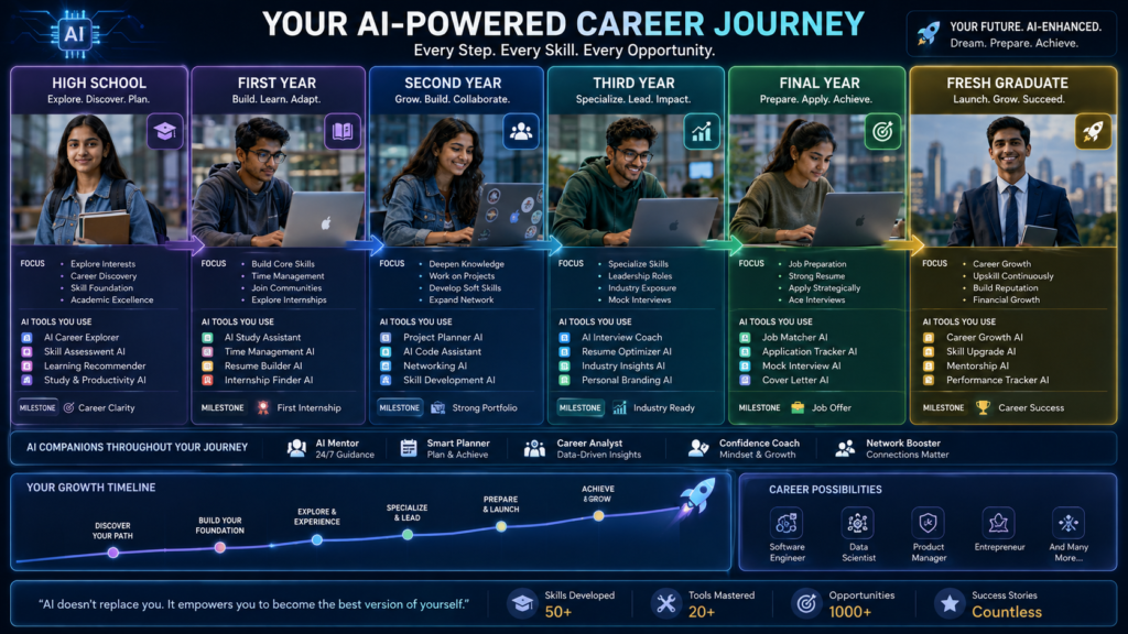 AI career roadmap showing student progression from career exploration to first professional job