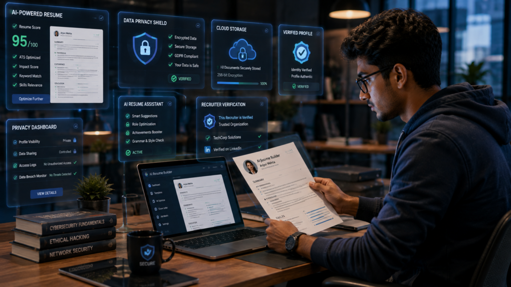 Student securely using AI career preparation tools while protecting personal information and reviewing resumes