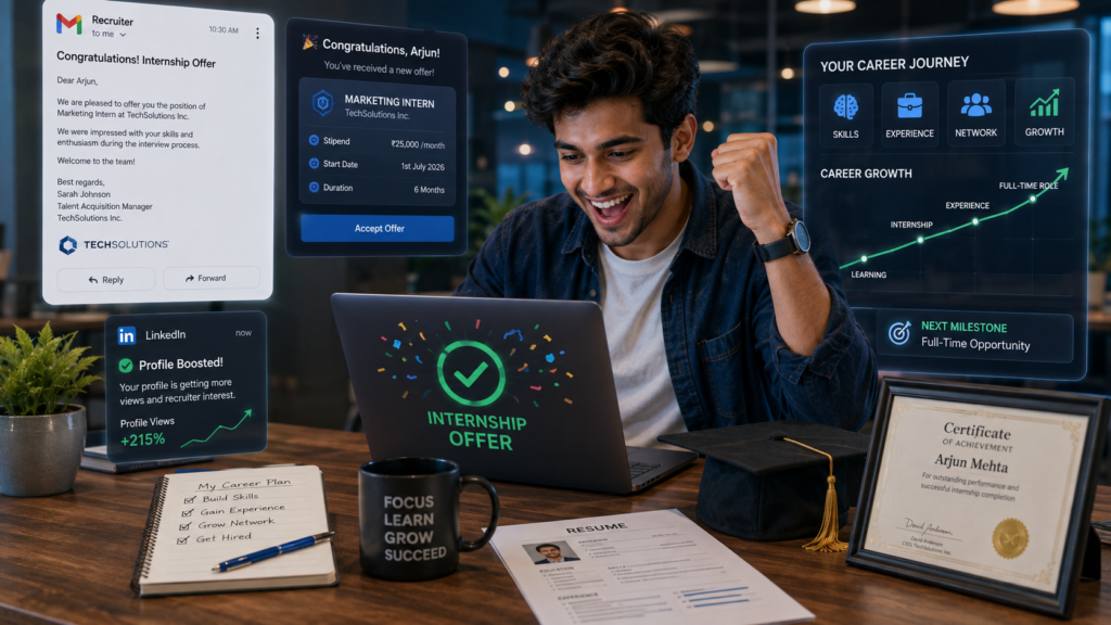 Happy college student celebrating internship success after using AI career preparation tools