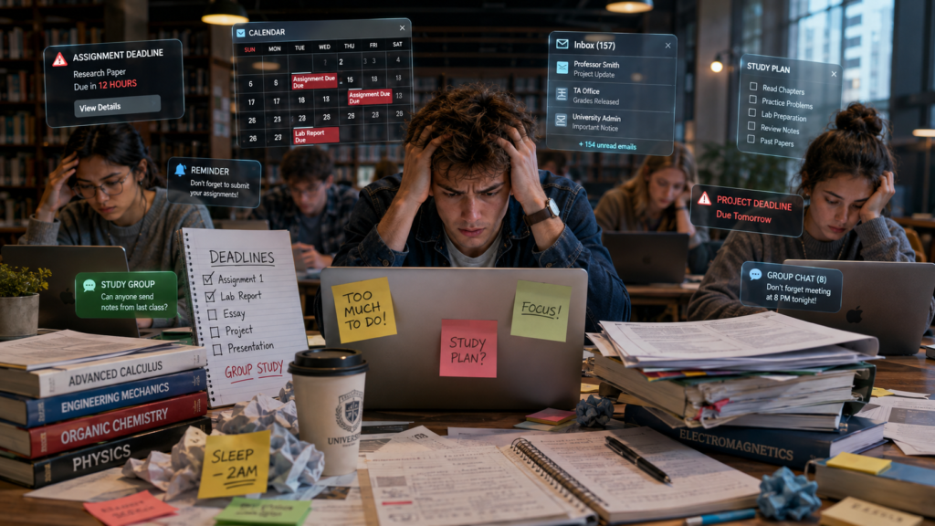 University students overwhelmed by assignments deadlines and poor time management