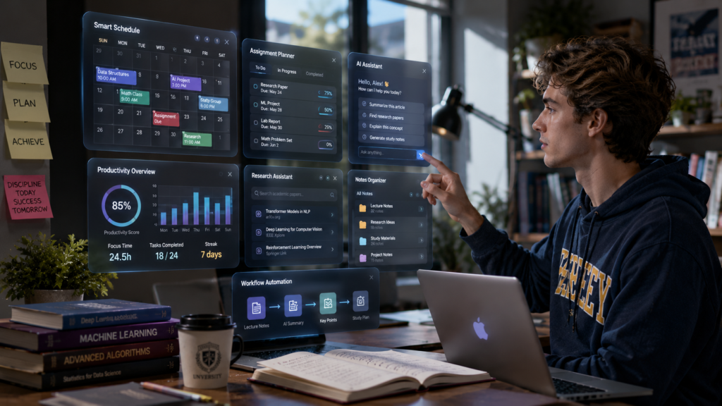 Student using AI productivity tools to organize assignments schedules research and study tasks