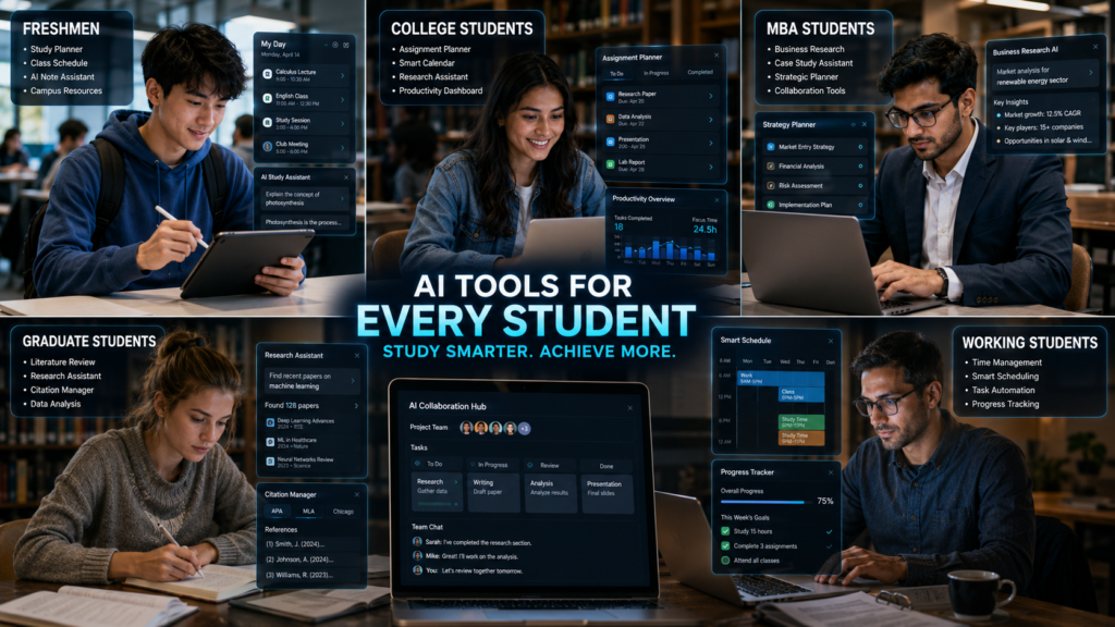 Freshmen graduate MBA and working students using AI productivity tools for different academic situations