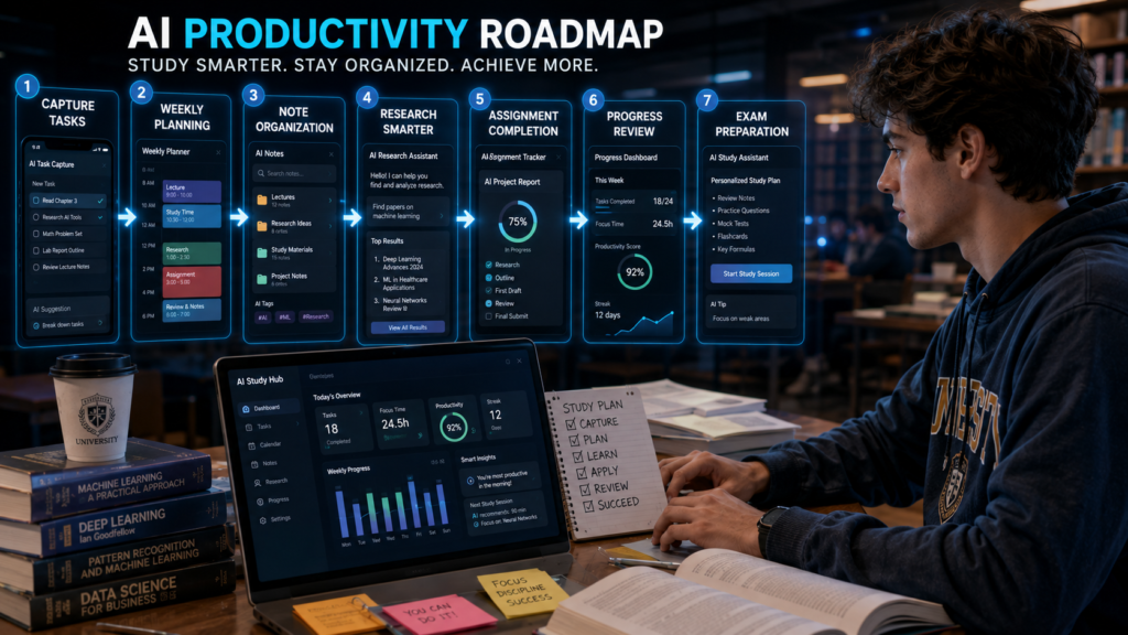 University student following AI productivity workflow from planning to exam preparation
