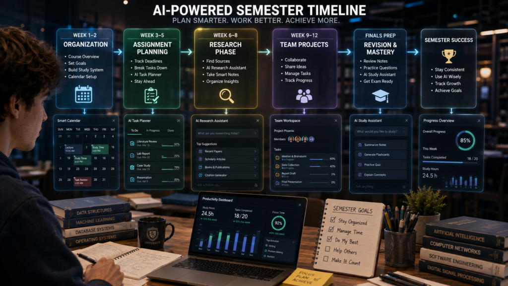 AI productivity roadmap showing university students managing an entire semester successfully