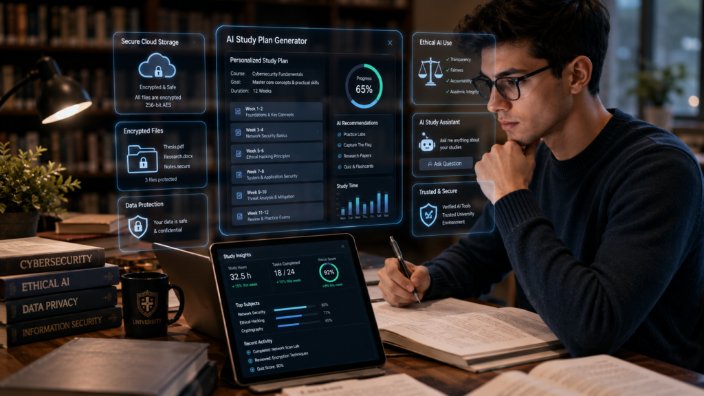 Student using AI productivity tools responsibly while protecting academic privacy and integrity