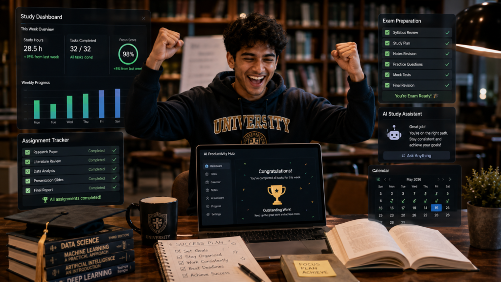 Happy university student successfully managing assignments and exams using AI productivity tools