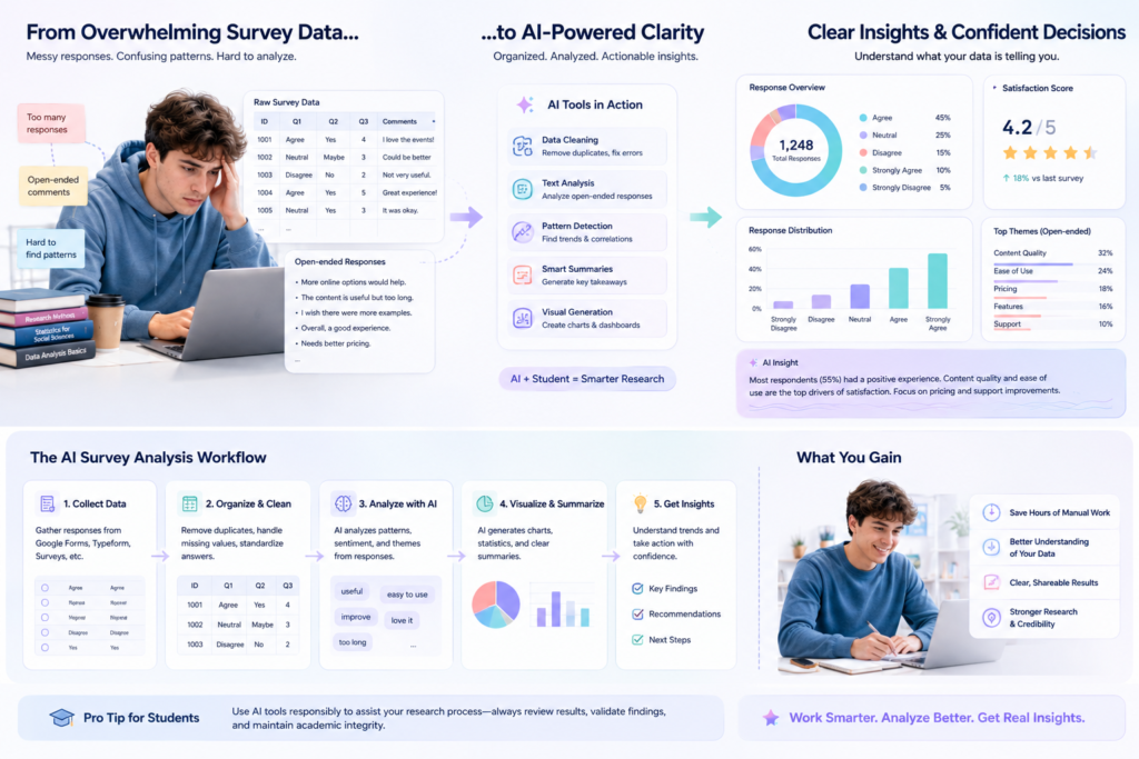 Students using AI for survey data analysis, response analysis, data visualization, and research