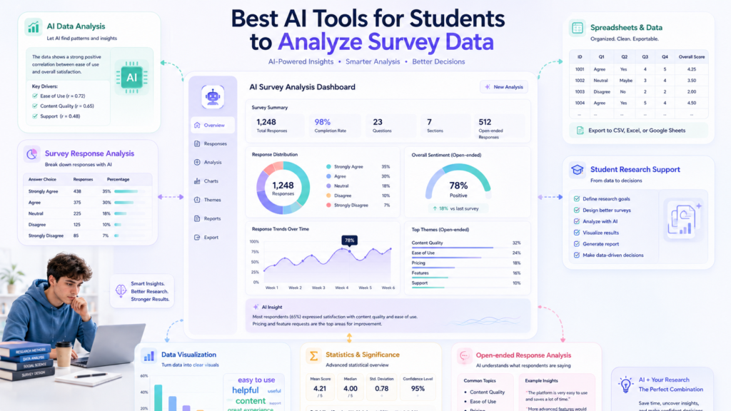AI tools for students to analyze survey data using charts, statistics, and research insights