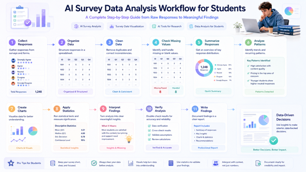 How to analyze survey data with AI using data cleaning, visualization, statistics, and insights
