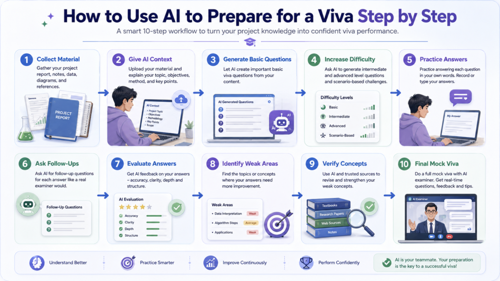 Step-by-step AI workflow for students preparing for a viva