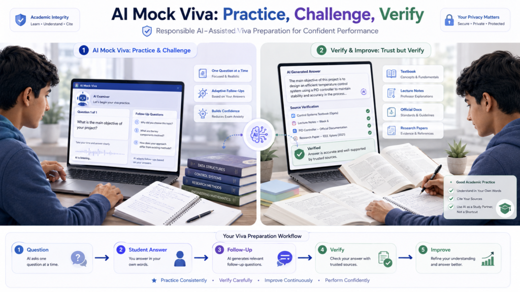Student practicing an AI mock viva and verifying answers with reliable sources