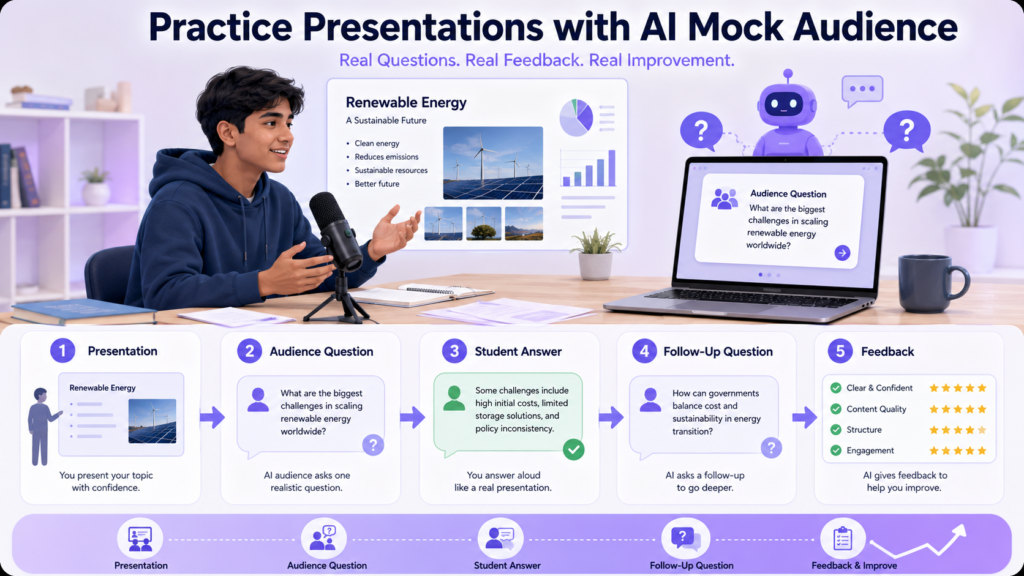 Student practicing presentation Q&A with an AI mock audience