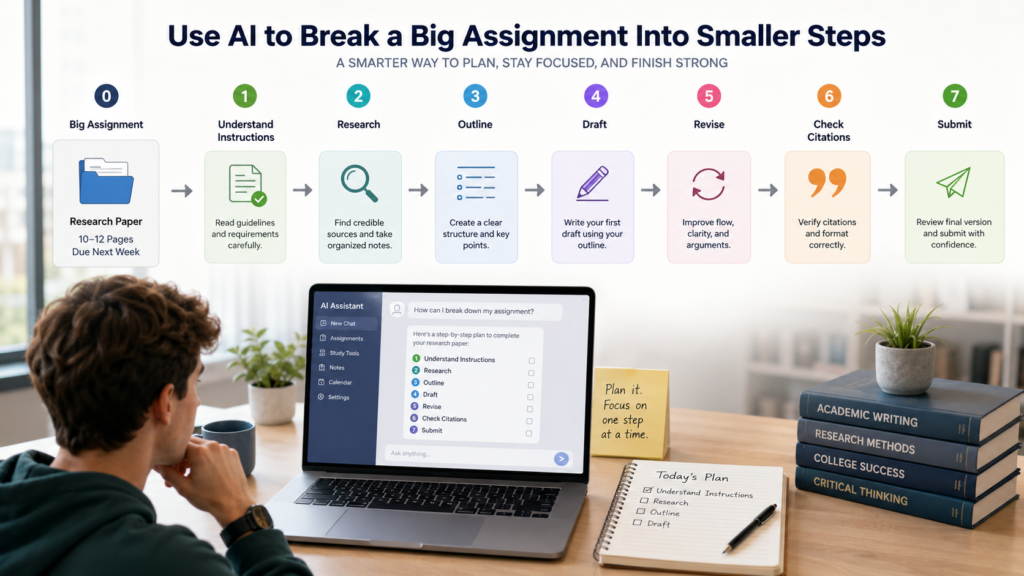 AI assignment breakdown workflow showing smaller academic tasks for students with ADHD