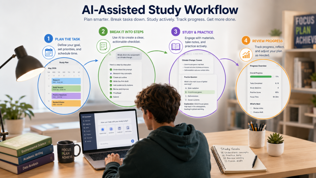 Simple AI-assisted study workflow for planning, studying, and reviewing academic tasks