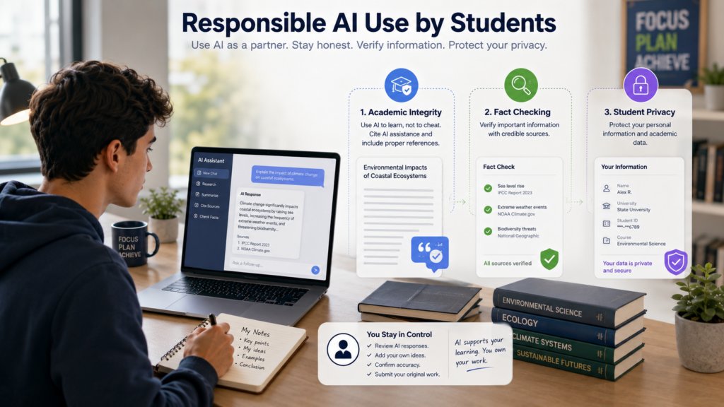 Student using AI responsibly with academic integrity, fact checking, and privacy in mind