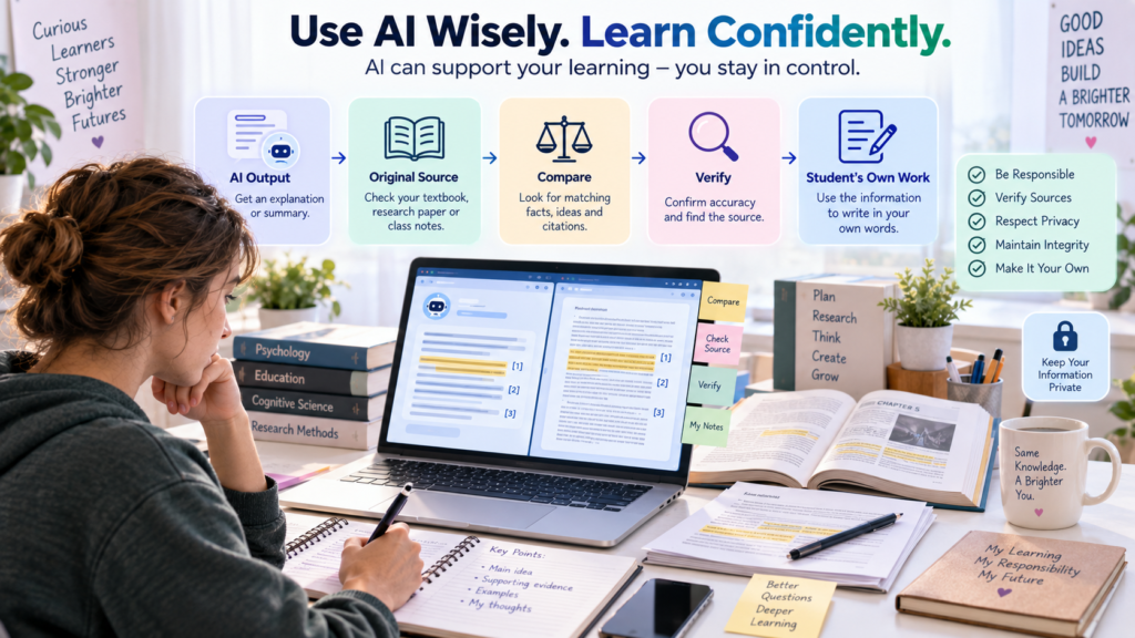 Student verifying AI-generated information against original academic sources